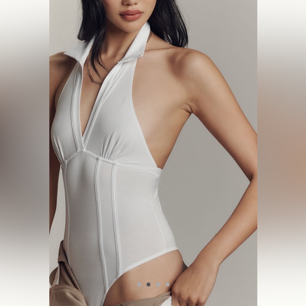 White Halter Jersey Bodysuit by Anthropology with collar